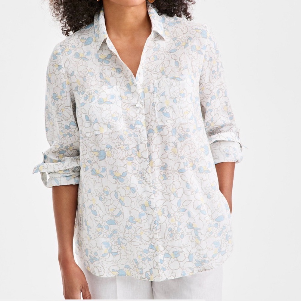 Charter Club Shirt Women’s Petite Medium Floral Woven Linen Breathable Beachy